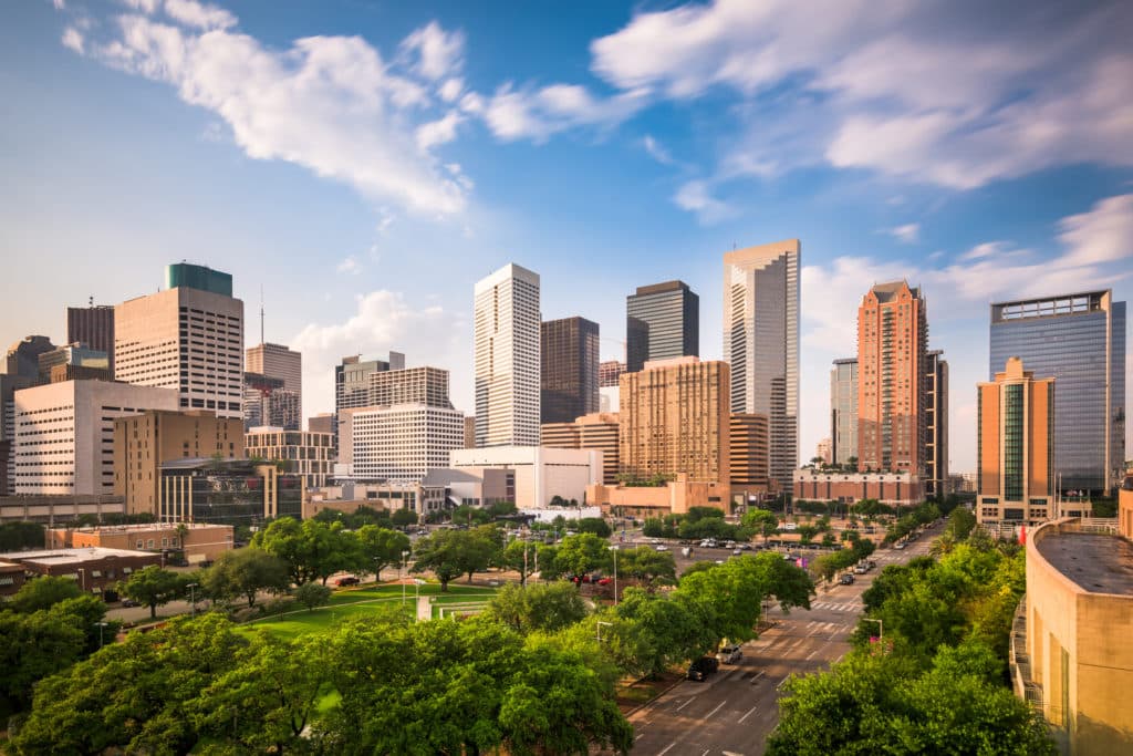 Houston, Texas, USA downtown city park and skyline.